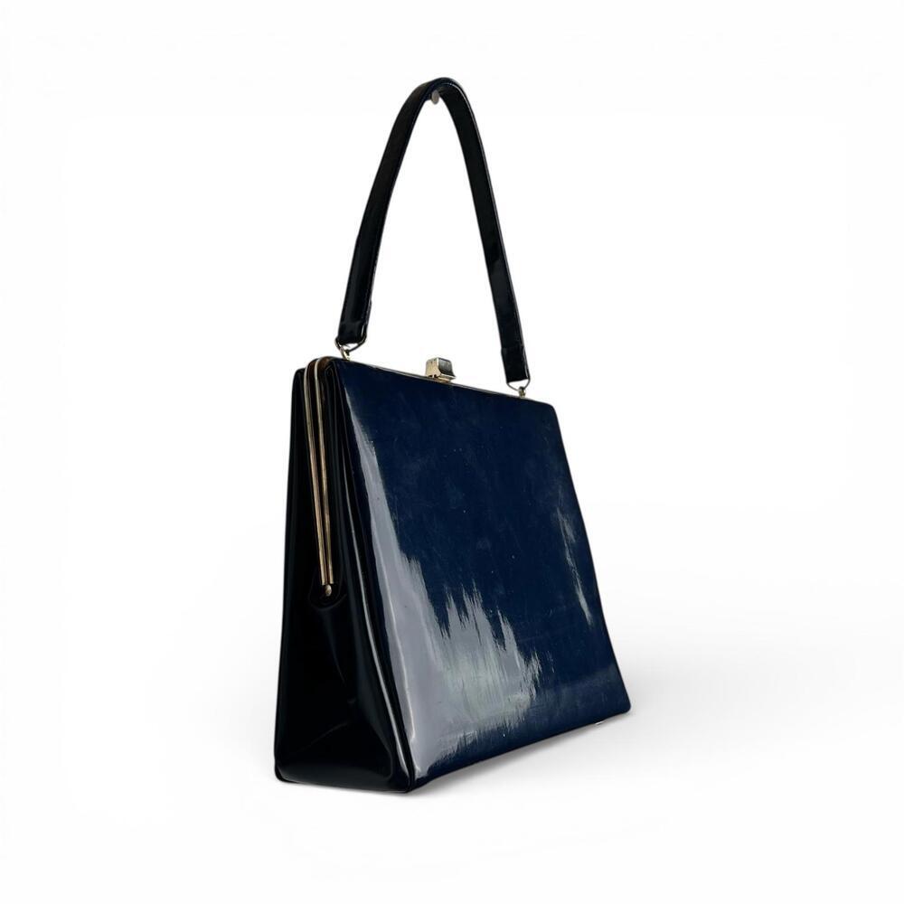 Vintage Navy Patent Leather Top Handle Bag - Picture 2 of 8